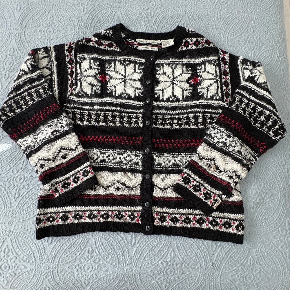 David Brooks Petite Hand Knit Wool Blend Fair Isle Cardigan Sweater M Scandigirl